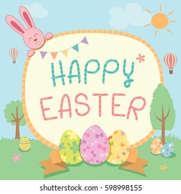 Illustration vector of Happy Easter on nature background decoration with pink rabbit and the eggs.