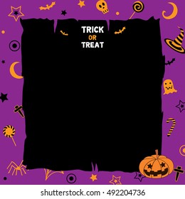 Illustration vector of happy halloween background party template with little cute pumpkin in violet or magenta colors.