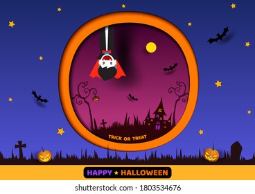 Illustration vector of Happy Halloween design with vampire to paper art on blue and orange background