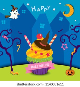 Illustration vector of Happy Halloween party design with cupcake and colorful background template