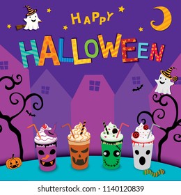 Illustration vector of Happy Halloween party design with milkshakes  on colorful background template.