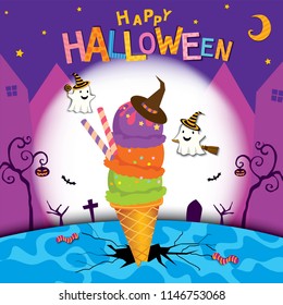 Illustration vector of Happy Halloween party design with ice-cream cone decorated to witch and typography text on colorful background template.