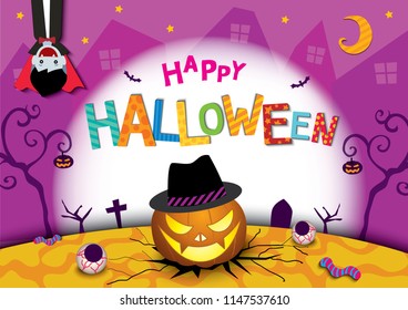 Illustration vector of Happy Halloween party design with lantern pumpkin, vampire and typography text on colorful background.