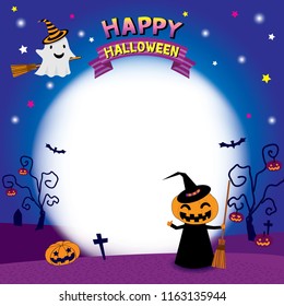 Illustration vector of Happy Halloween party design with ghost witch and pumpkin monster on graveyard background.