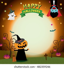 Illustration vector of happy halloween party with little ghost characters on orange cemetery background.Blank space for copy text.
