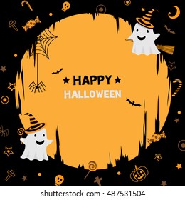 Illustration vector of happy halloween  party template with little cute ghost.Orange and black background colors.