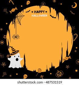 Illustration vector of happy halloween  party template with little cute ghost.Orange and black background colors.Blank for copy text.