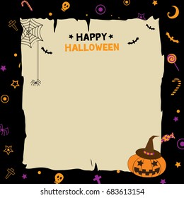 Illustration vector of happy halloween  party template with little cute pumpkin costume.Violet and black background colors.