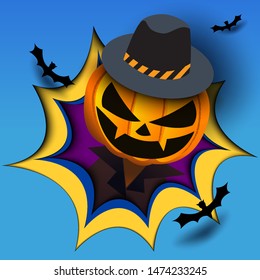 Illustration vector of Happy Halloween with pumpkin head monster emerge from the hole on blue background