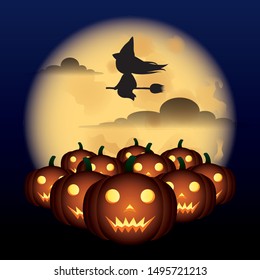 Illustration vector of Happy Halloween pumpkins with full moon and witch at night on dark blue background