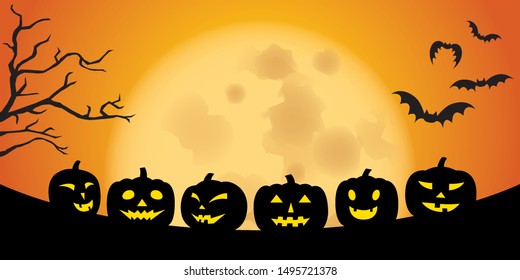 Illustration vector of Happy Halloween pumpkins silhouettes with full moon background and bats and dead tree