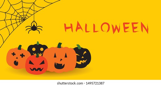 Illustration vector of Happy Halloween pumpkins and spider webs on yellow background