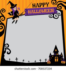 Illustration vector of Happy Halloween template design with girl witch and castle on orange stripe background.