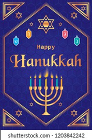 Illustration Vector of Happy Hanukkah design with  Menorah and bokeh background.