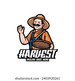 Ilustración Vector Happy Harvest Farmer Mascot Estilo Logo.