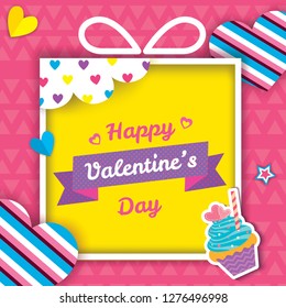 Illustration vector of Happy Valentine's day design with gift box frame and cupcake on pink background.