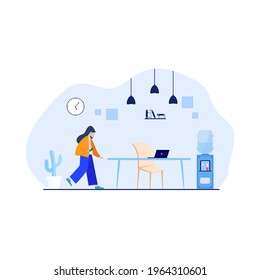illustration or vector happy woman listening to music with a headset and a minimalist room with a laptop on the table. business work.