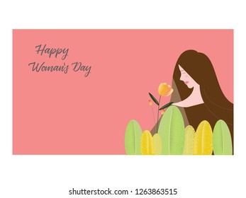 Illustration vector of Happy Women's Day. Vector templates for banner, card, poster, flyer and other users. Cartoon vector of beautiful woman with flower and leaf on pink background.