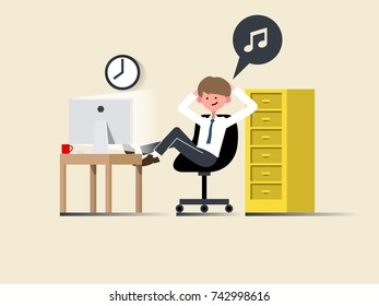 illustration vector of happy young business man work and relax in modern office on computer in flat design concept, business man in office flat style design concept