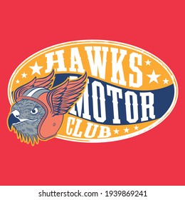 Illustration vector hawk 
 motorcycle design with wings helmet and text background