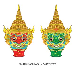 illustration vector Head or face Thailand giant temple guard sculpture called THAI YAK or Yaksa in Thailand Ramakien or Ramayana Mahabharata literature with beautiful detailed drawing in colorful cartoon
