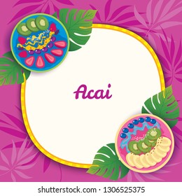 Illustration vector of Healthy acai food and fruits design with purple background.