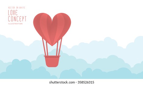 Illustration vector heart balloon floating in the sky freely and clouds flat style.