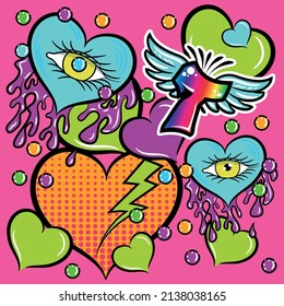 Ilustración de corazón vectorial con diseño de graffitis de ojos y salpicaduras Texto diseño de moda urbana