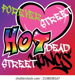 Illustration vector Heart graffiti and text HOT with gradient text splatters and urban background