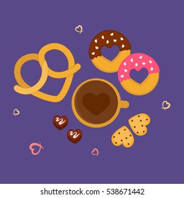 Illustration Vector Heart Shaped Food Of Pretzel, Donuts, Hot Chocolate, Cookies And Bite Size Chocolate.