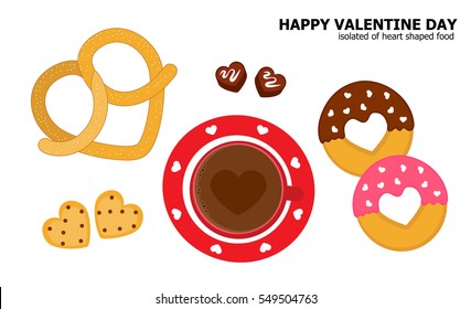 Illustration Vector Heart Shaped Food Of Pretzel, Donuts, Hot Chocolate, Cookies And Bite Size Chocolate On White Background.