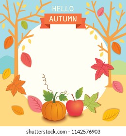 Illustration vector of Hello Autumn background frame template design with pumpkin, apple and maple leafs