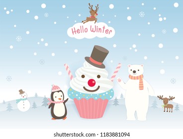 Illustration vector of Hello Winter design with cupcake decorated to snowman and penguin, polar bear, moose on snow background.