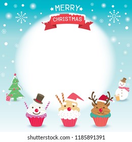 Illustration vector of Hello Winter design with cupcakes decorated to snowman,santa claus and reindeer on snow background.