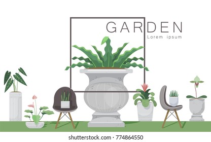Illustration vector hobby room of planting in set of indoor plant pot at house as concept on flat style. Orchid, cactus, Bromeliads, Paphiopedilum, Haworthia, Asplenium, aechmea, urn plant
