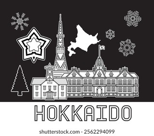 Illustration vector of Hokkaido symbols with famous landmarks in Hokkaido Japan drawing in black background