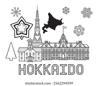 Illustration vector of Hokkaido symbols with famous landmarks in Hokkaido Japan drawing in black and white