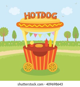 Illustration vector of hotdog cart shop for sale decorate with burger sign on the park food.Design for kiosk,booth,store,retail.Park nature  background.