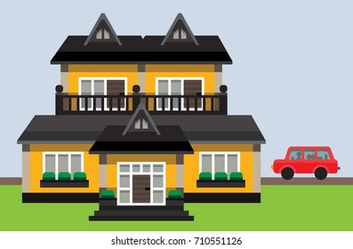 illustration vector lot of house with car on urban landscape, flat style 