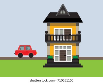 illustration vector lot of house with car on urban landscape, flat style 