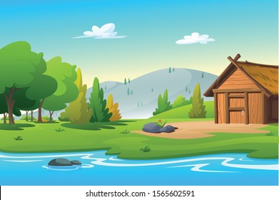 Illustration is a vector of a hut near the stream.