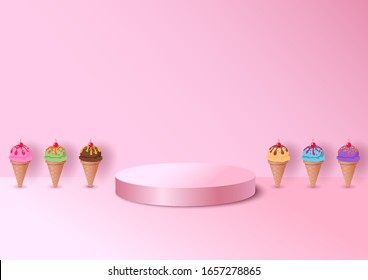 Illustration vector of Ice cream cone decorated with pink background on 3d style