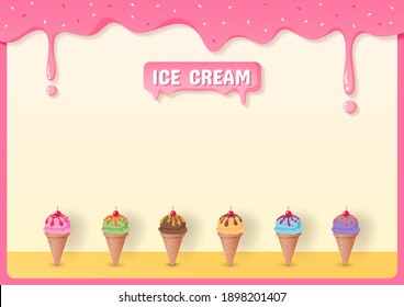 Illustration vector of Ice cream cone menu decorated with strawberry syrup frame