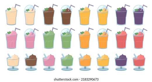 Vector ilustrativo de la taza de helado y de los batidoras de frutas, vasos y copas aislados en fondo blanco