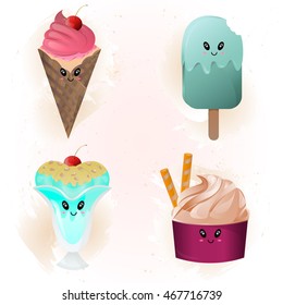 illustration of vector ice-cream set on watercolor background