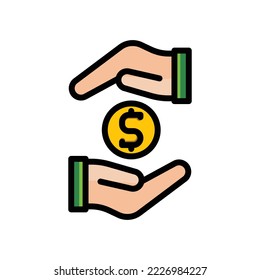 ilustración icono de vector ganancia plana, moneda, oro, mano, transacción, dinero.