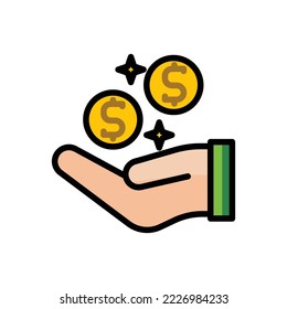 ilustración icono de vector ganancia plana, moneda, oro, mano, transacción, dinero.