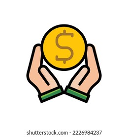 ilustración icono de vector ganancia plana, moneda, oro, mano, transacción, dinero.