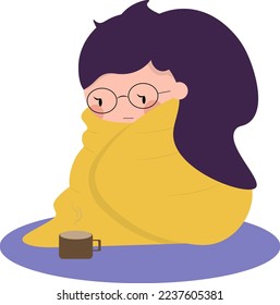 illustration vector icon girl warming up with a cup of coffee