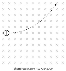 Illustration vector icon of movement of positive electric charge in rushed-in magnetic field from screen. Positive charge move up in curve way. Physics science experiment for education.